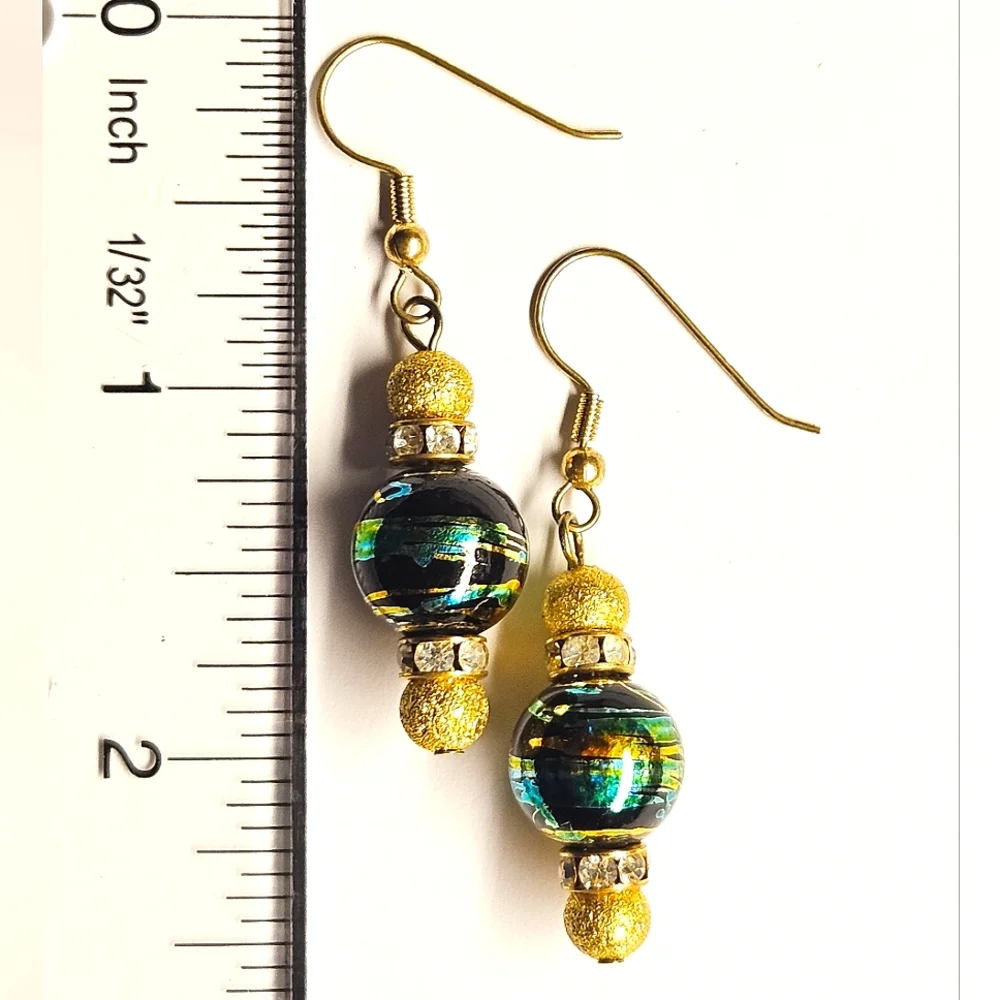 Green, Blue and Gold Beaded Earrings